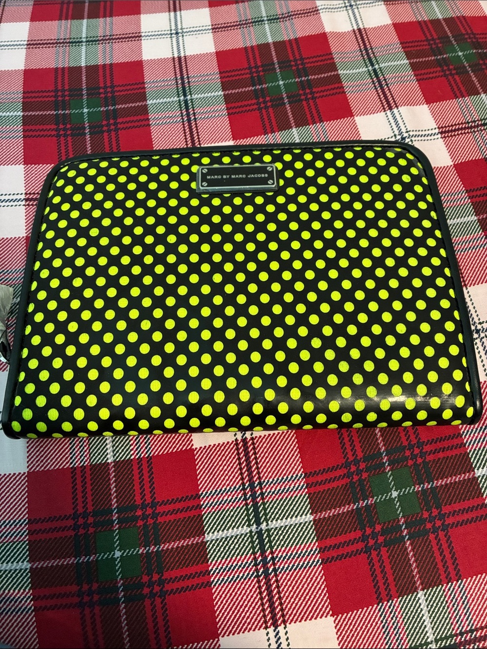 Marc by Marc Jacobs Black and Neon Yellow Polka Dot Zip Pouch